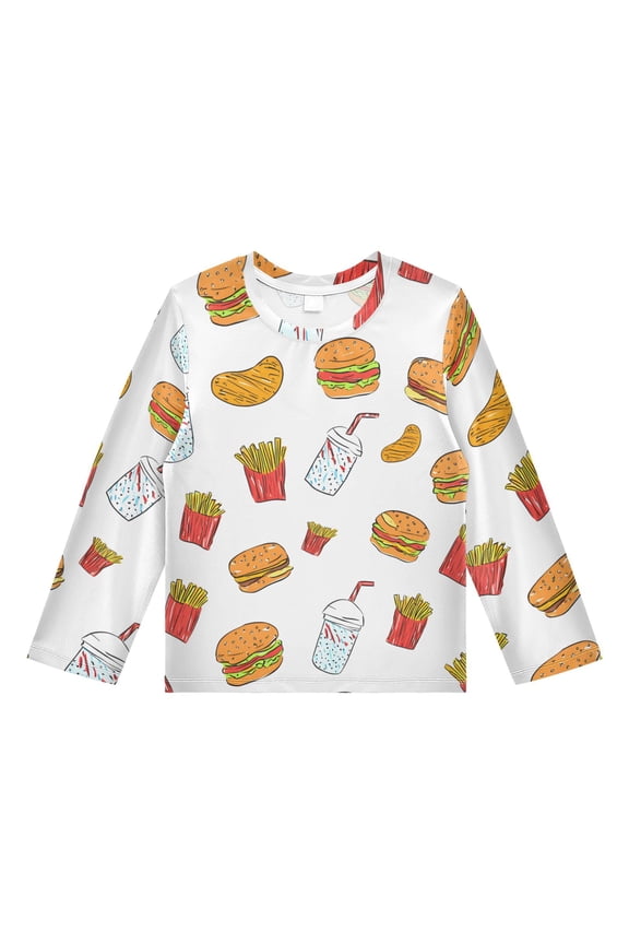 Fast Food Cartoon Boys' Rash Guard Shirts UPF 50 Plus Sun Protection Short Sleeve Swim Tees 11-12T