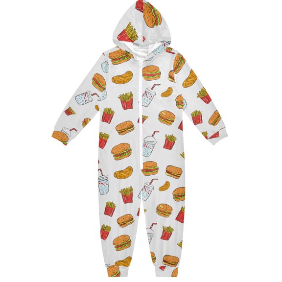 Fast Food Cartoon One Piece Pajamas Soft Jumpsuit Cozy Sleep and Play Romper Zipper and Pockets 4T
