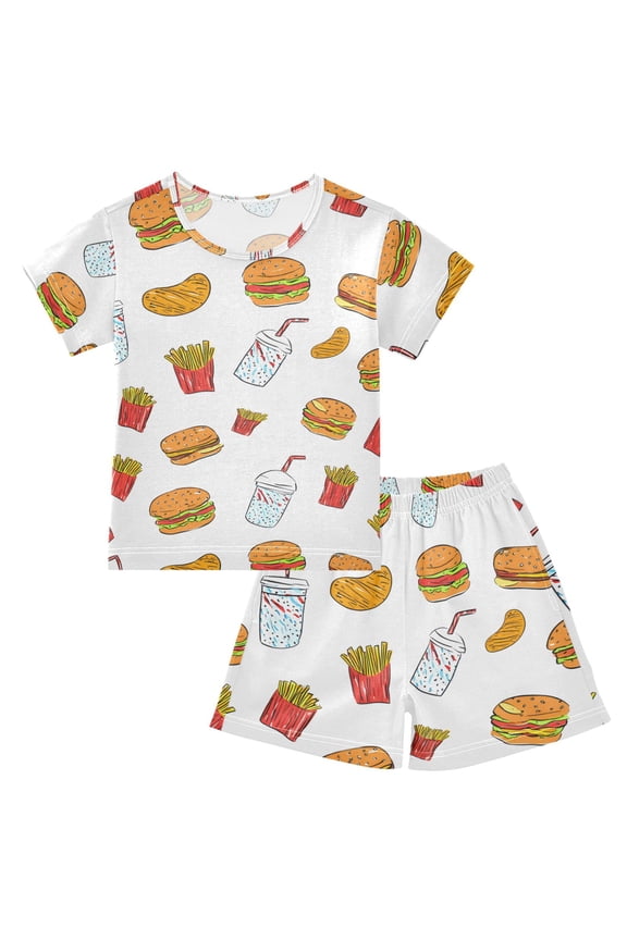 Fast Food Cartoon Summer Pajama Set Soft Cotton Short Sleeve Sleepwear 2PCS Pajama Sets Breathable Lounge Set Size 8Y
