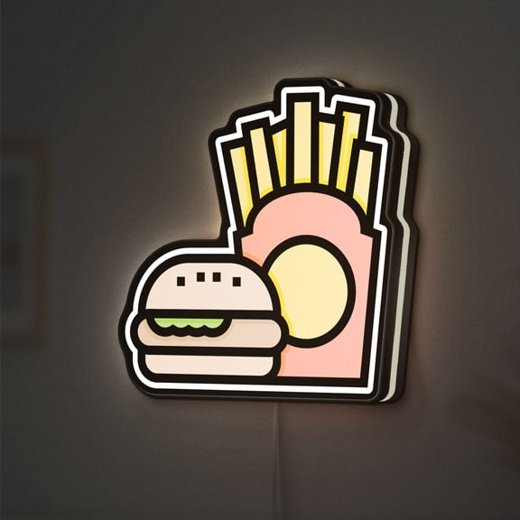 Fast Food Combo 3D Novelty Light Box, Burger and Fries Lamp Decor for Restaurants, Snack Shops and Casual Food Lovers (Width 16 inch, 40cm)