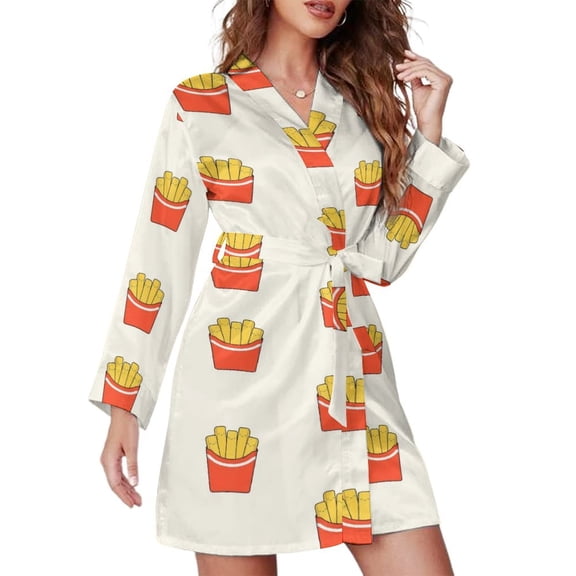 Fast Food French Frie Night Robe Long Sleeve V Neck Robe With Belt Women's Sleepwear Dresses