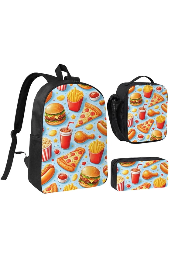Fast Food Pattern Backpack Set 3pc Including Backpack, Lunch Bag and Pen Bag Combination