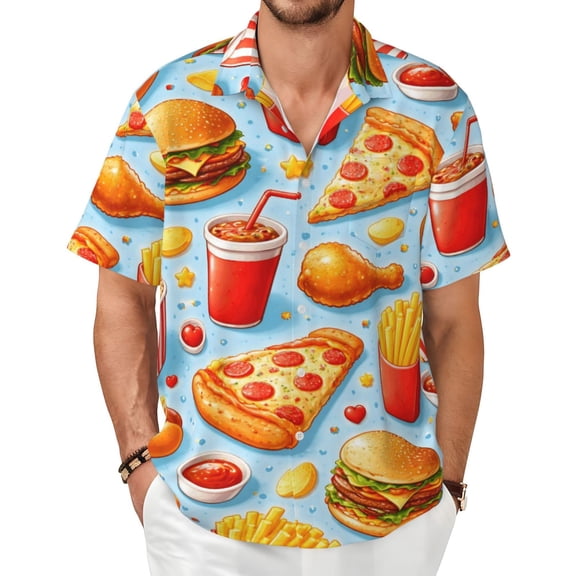 Fast Food Pattern Men's Shirts Short-Sleeved with All-Over Prints Button-Up Shirts