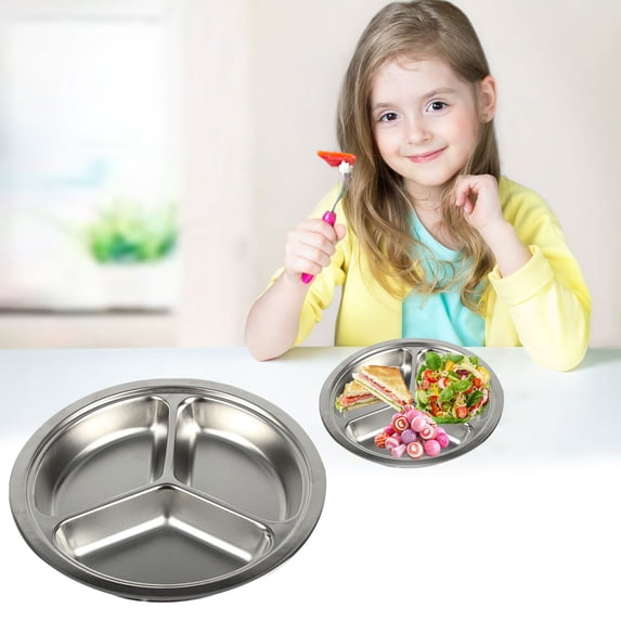 Fast Food Plate X1,Canteen Student Three-Grid Fast Food Plate B24# Small Round Three-Grid,Baby Plates – Stainless Divided Plates for Toddlers Dishwasher ,2 Size