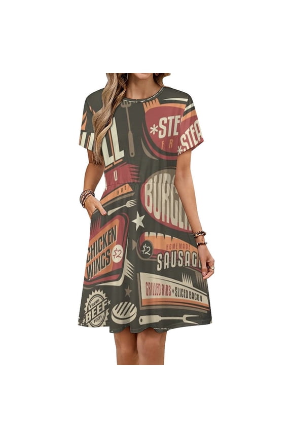 Fast Food Restaurant Menu Dress Fashion Beach Short Sleeve Dresses Female Party Printed Sundress