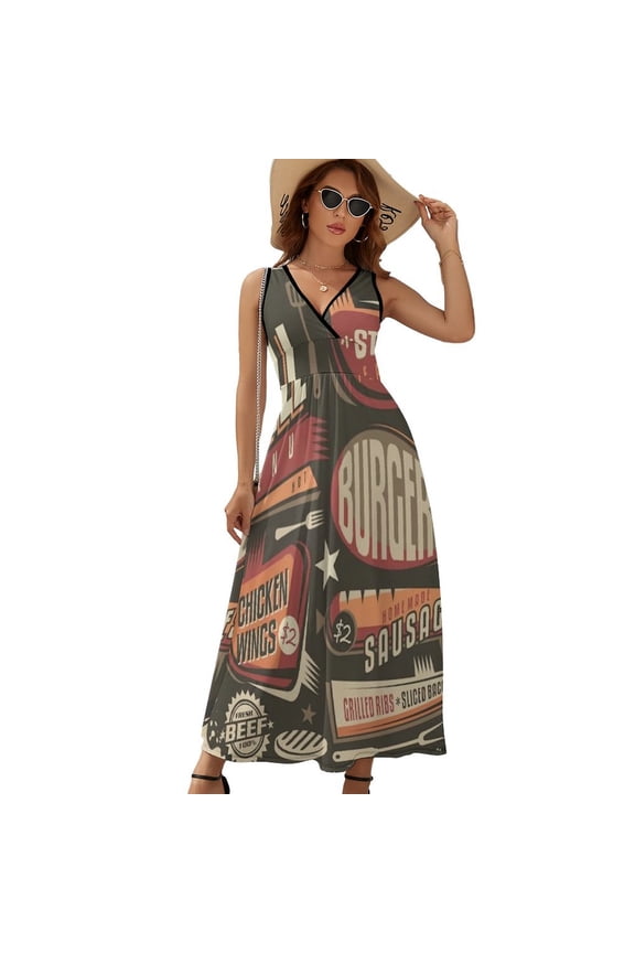 Fast Food Restaurant Menu Dress Summer Street Style Bohemia Long Dresses Female Sleeveless Printed Maxi Dress