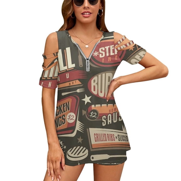 Fast Food Restaurant Menu Womens Summer V Neck Zipper Top Short Sleeve T Shirt Off Shoulder Top Casual Classy Loose Shirts
