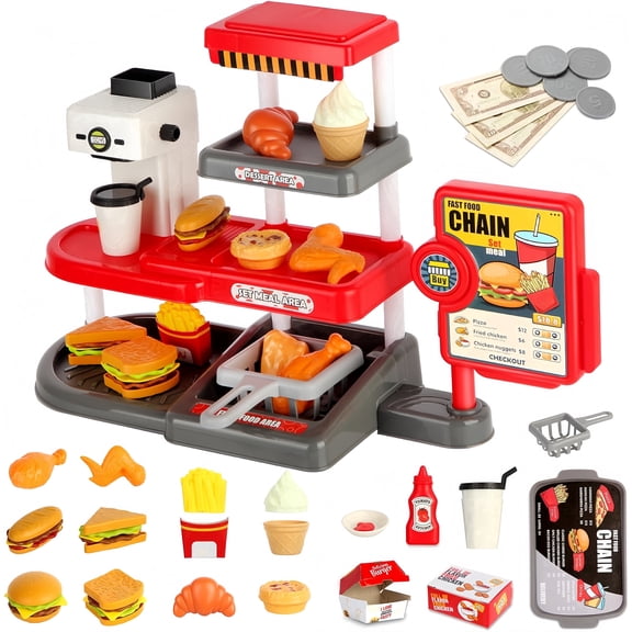Unbranded Plastic Fast Food Pretend Play Set, Burger Fries Coffee Sound Cash Register Kitchen Role Play Toy for Kids Ages 3+
