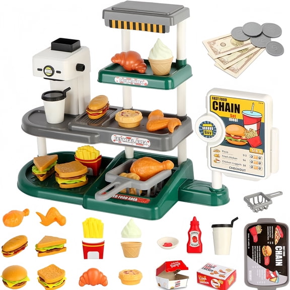 Unbranded Plastic Fast Food Pretend Play Set, Burger Fries Coffee Sound Cash Register Kitchen Role Play Toy for Kids Ages 3+