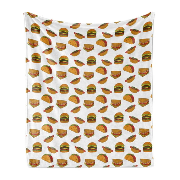 Fast Food Soft Flannel Fleece Blanket, Sandwiches Burgers Hot Dogs Sausage Cuisine Delicious Restaurant Cook, Cozy Plush for Indoor and Outdoor Use, 50" x 60", Pale Coffee Red Ginger, by Ambesonne