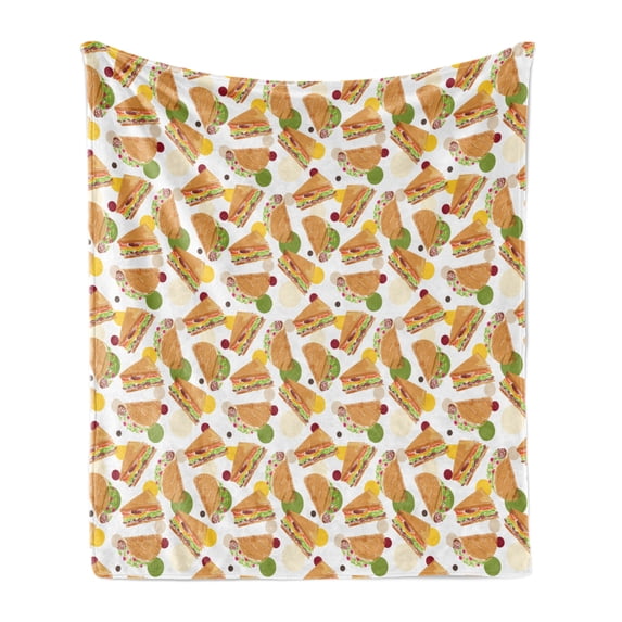 Fast Food Soft Flannel Fleece Throw Blanket, Sandwich and Taco Snacks Abstract Geometric Colorful Circles Latin Food Theme, Cozy Plush for Indoor and Outdoor Use, 60" x 80", Multicolor, by Ambesonne
