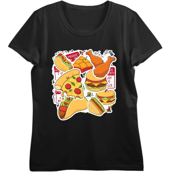 Fast Food Stickers Women's Black Crew Neck Short Sleeve Top-XS