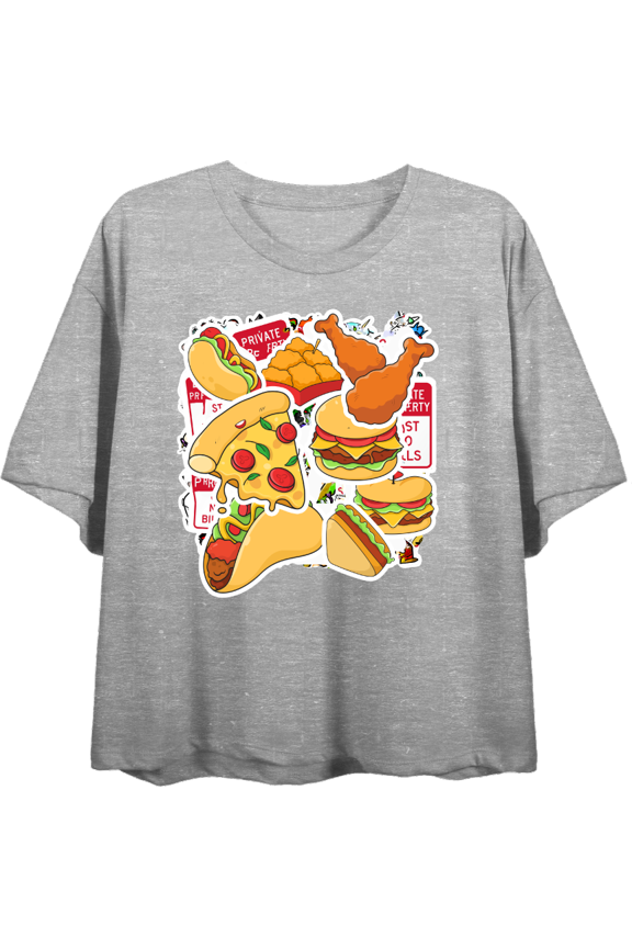 Fast Food Stickers Women's Heather Gray Crew Neck Short Sleeve Top-Large