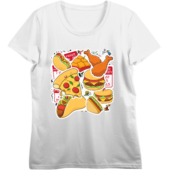 Fast Food Stickers Women's Vivid White Crew Neck Short Sleeve Top-XXL