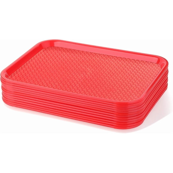 Fast Food Tray, 10 x 14 Inch Reusable Plastic Cafeteria Serving Tray, Textured Non-Slip Surface, Stackable Restaurant Tray, Red, Set of 12