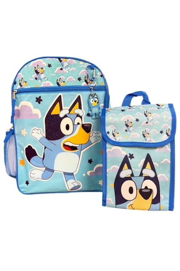 Bluey Backpack Personalized Bookbag and Snack Tote for Back to School with Water Bottle Rubber Dangle and Carabiner - 5pc Set