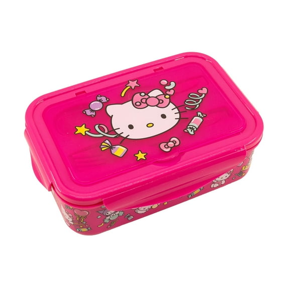 Fast Forward Hello Kitty Bento Lunch Box for Kids Sanrio Food Container with Utensils BPA-Free Toddler Lunch Kit with 3 Compartments Bento Snack Box with Spoon & Fork