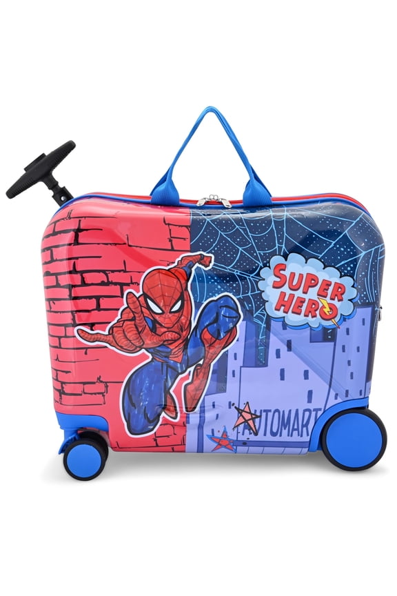 Marvel Spiderman Ride-On Kids Suitcase - 18" Tow-Along Toddler Luggage - Carry-On Cute Bag with Wheels 18"x10"x14.5"