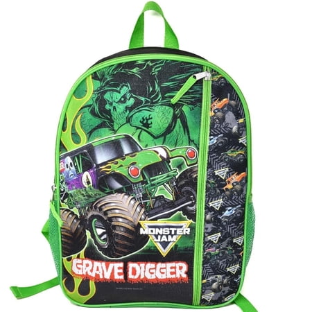 Fast Forward Monster Jam16" Kids Backpack Grave Digger School Bag with Front Pocket & Side Mesh, Lightweight for Kids