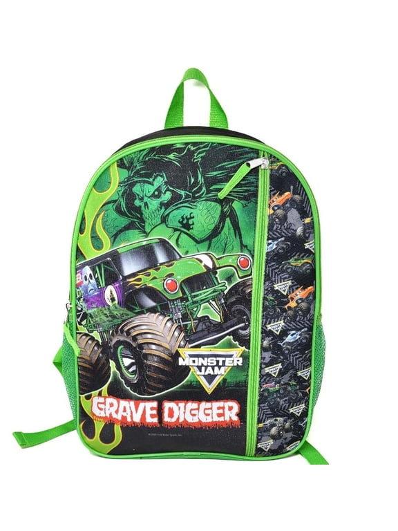 Fast Forward Monster Jam16" Kids Backpack Grave Digger School Bag with Front Pocket & Side Mesh, Lightweight for Kids