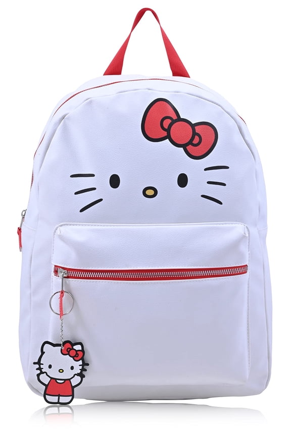 Sanrio Hello Kitty Backpack for Women, Large Faux Leather Bookbag Double Strap Shoulder Bag with 3D Design and Keychain White-Red
