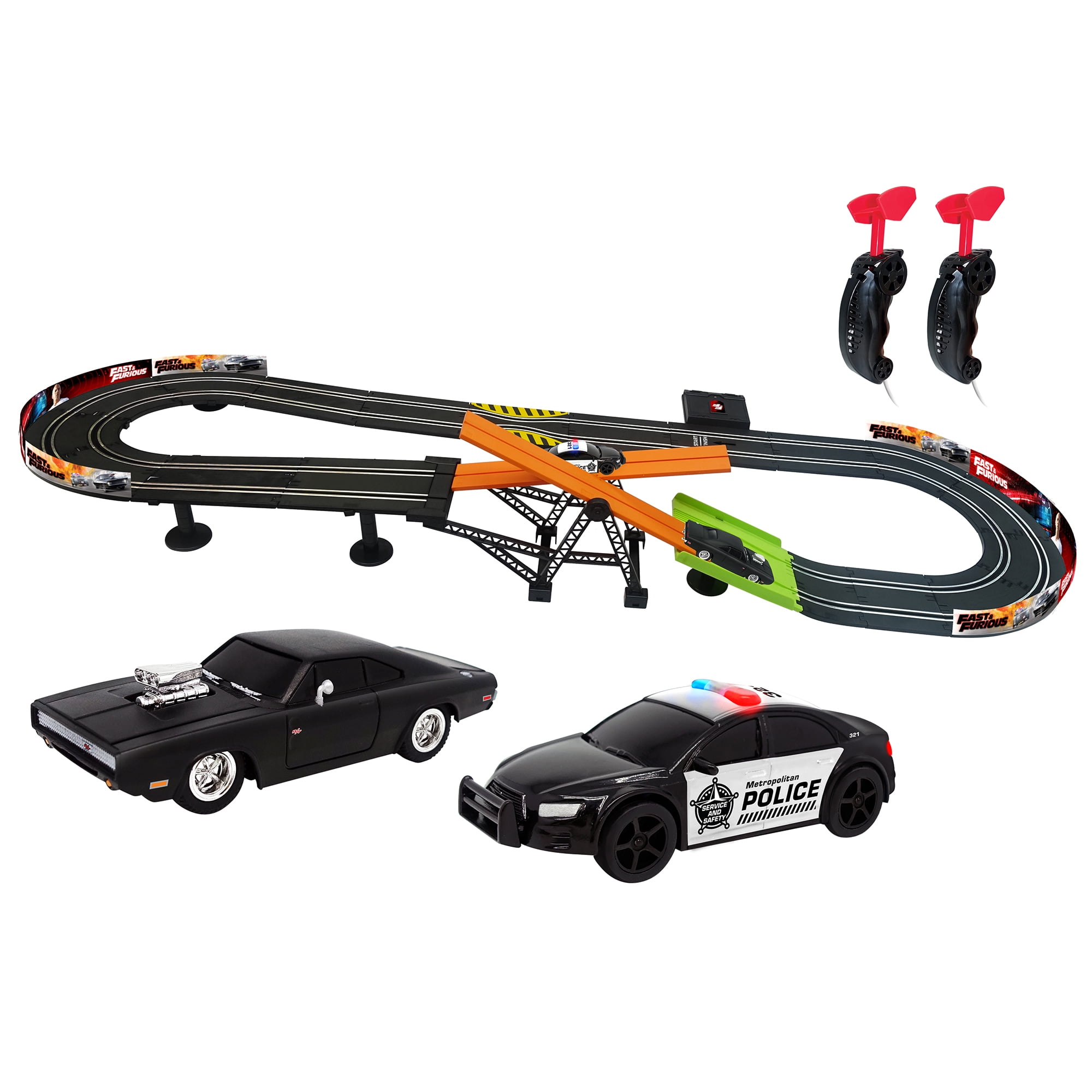 Fast & Furious: Dead Drop Challenge Racetrack Slot Car Set - Officially Licensed, 60.2" x 22.8 " Track Layout, Two 1:43 Replica Cars, Two Player Race Controllers, Ages 3+