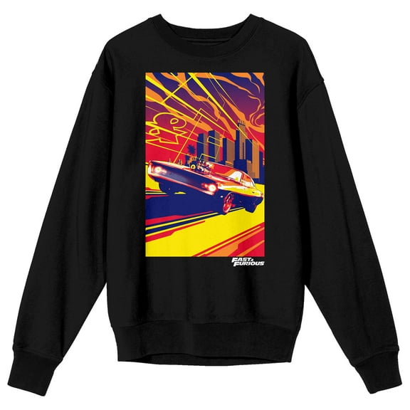 Fast & Furious Dodge Challenger & Skyscrapers Vector Art Crew Neck Long Sleeve Black Adult Sweatshirt-Medium
