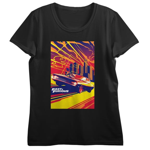 Fast & Furious Dodge Challenger & Skyscrapers Vector Art Crew Neck Short Sleeve Women's Black T-shirt-3XL