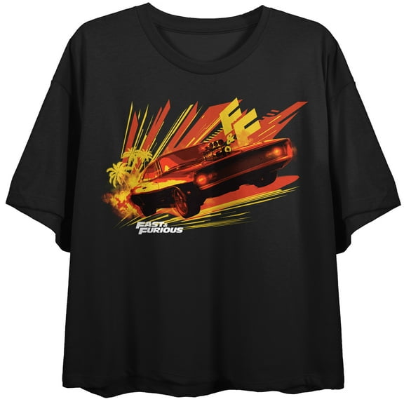 Fast & Furious Dodge Challenger Vector Art Crew Neck Short Sleeve Women's Black Crop Top
-Medium