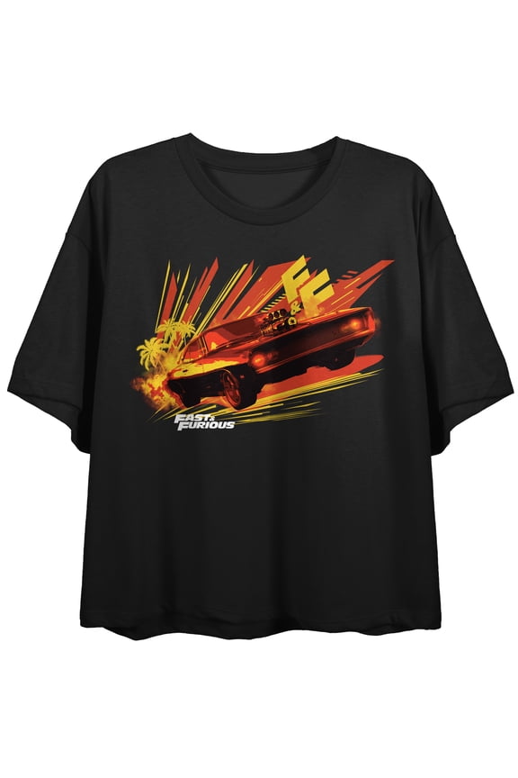 Fast & Furious Dodge Challenger Vector Art Crew Neck Short Sleeve Women's Black Crop Top
-Medium