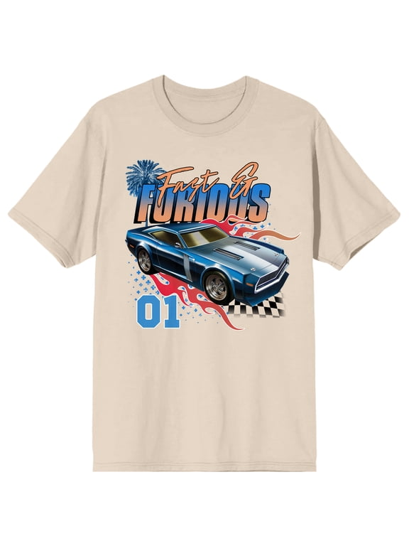 Fast & Furious Gradient Logo With Car Crew Neck Short Sleeve Natural Women's T-shirt-Medium