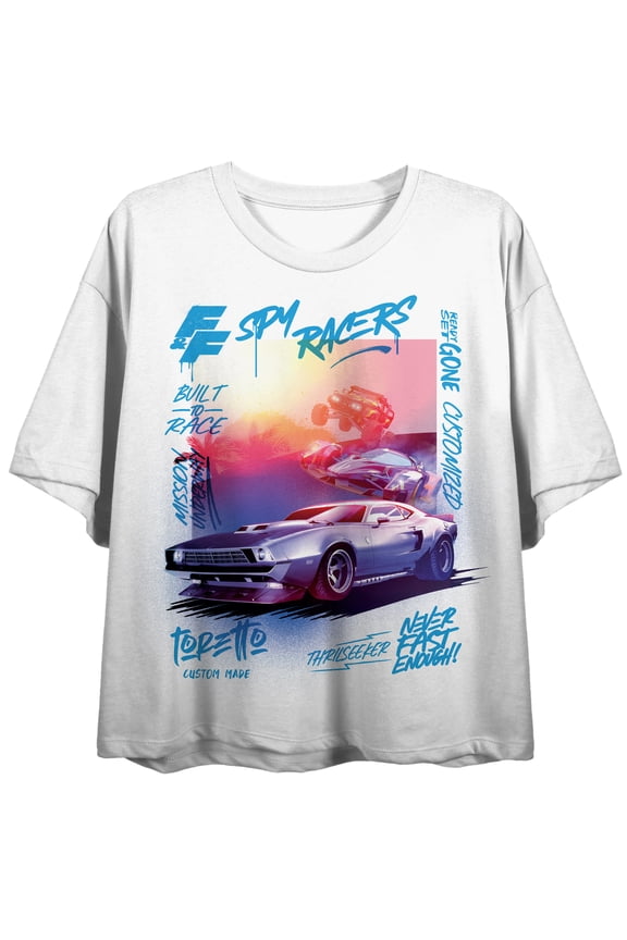 Fast & Furious Gradient Sunset Art Crew Neck Short Sleeve Women's White Crop Top-Small