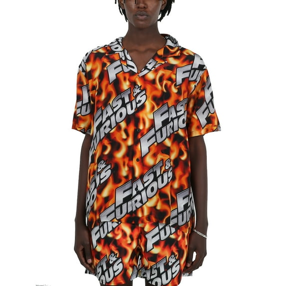 Fast & Furious Logo All-Over Print Flame Background Adult Short Sleeve Button-Down Shirt Medium
