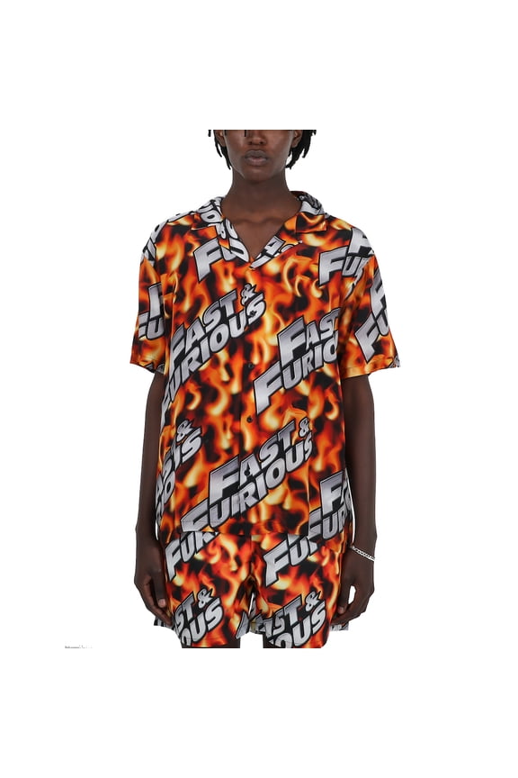 Fast & Furious Logo All-Over Print Flame Background Adult Short Sleeve Button-Down Shirt XS