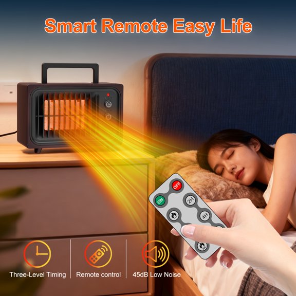 Fast Heating Ceramic Heater 600W W/ Remote Control, Thermostat, Auto Overheat & Tip-Over Protection, 3 Modes & Timer, Portable Square Heater for Bedroom Office