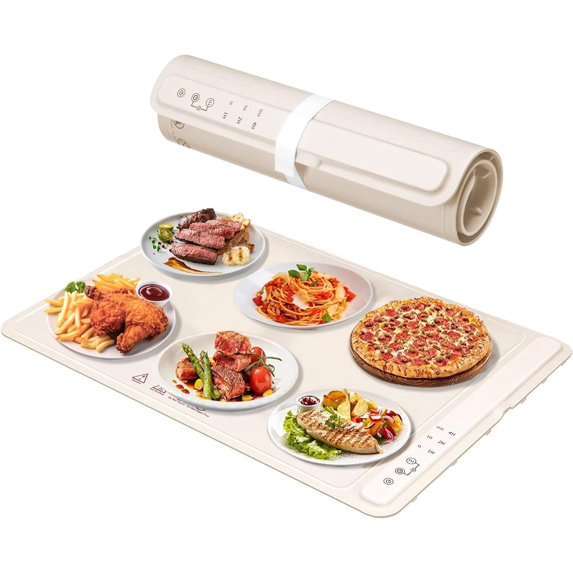 Fast Heating Warming Mat for Food with 3 Temperature and 4 Timer Settings,Waterproof Fexible Silicone Food Heating Mat with UV Coating Easy to Clean and Storage(Khaki, 60x40CM)