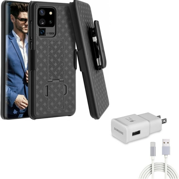 Fast Home Charger w Case Belt Clip for Samsung Galaxy S20 Ultra - Type-C 6ft USB-C Cable , Holster Swivel Cover