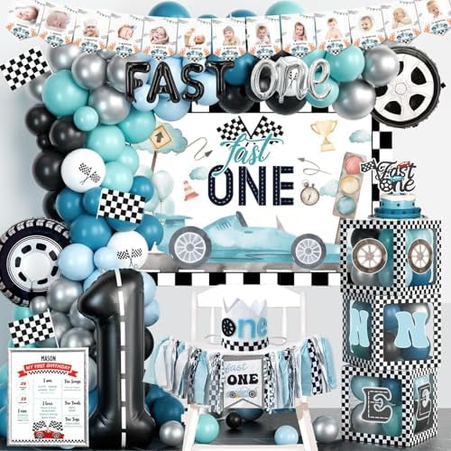 Fast One Birthday Decorations for Boys, 1st Birthday Decorations Boy, Vintage Car Themed Backdrop Balloon Banner Boxes Crown Poster for Retro Blue First Party Supplies$$