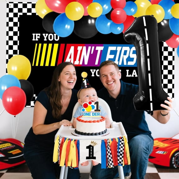 Fast One Birthday Decorations for Boys - 1st Race Car Theme Party Supplies Set with Balloons, Backdrop, Tablecloth, Cake Topper & Photo Banner