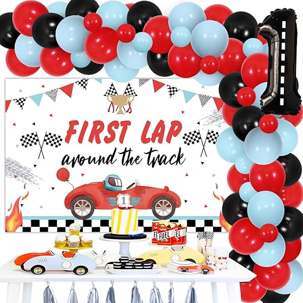 Fast One Birthday Decorations, Race car 1st Birthday Party Supplies, First Lap Around the Track Backdrop Vintage Racing Balloon Garland Arch Kit for Boys First Bday