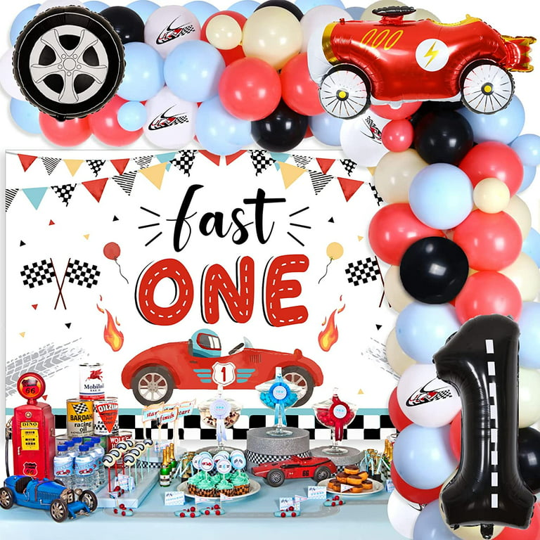 Fast One Birthday Party Decorations, Vintage Race Car Balloon Garland Kit &  Pastel Blue Yellow Fast One Backdrop with Checkered Flag, Number 1 Wheel  Balloons for Boy's 1st Birthday Supplies 