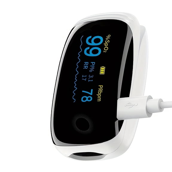 Fast & Precise Fingertip Pulse Oximeter with SpO2 and Pulse Rate Tracking, Rechargeable OLED Display for Outdoor Sports and Home Use (White)