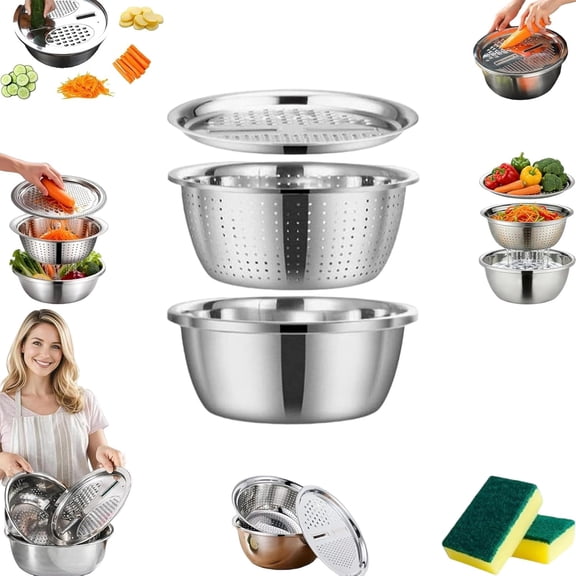 Fast Prep Slicer Bowl, 3 In 1 Multipurpose Drain Basket Grater Basin Bowl, Germany Multifunctional Stainless Steel Basin, Graters Cheese Grater Salad Maker Bowls Drain Basin (11.8)