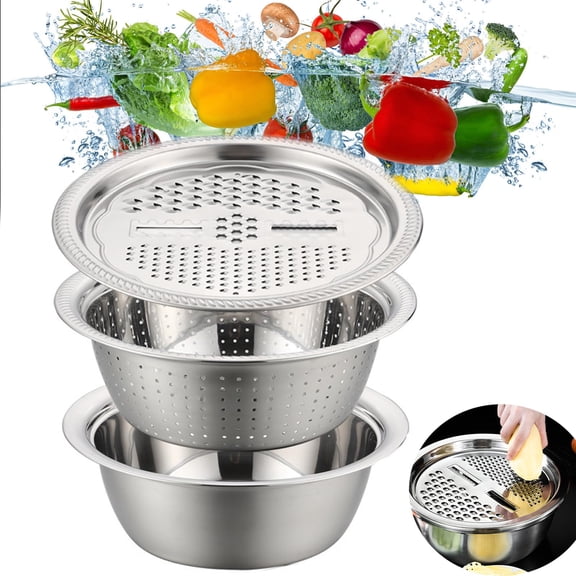 Fast Prep Slicer Bowl, 3-In-1 Stainless Steel Grater Bowls, 3 In 1 Multipurpose Drain Basket Grater Basin Bowl For Kitchen, Keeping Workspace Clean