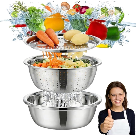 Fast Prep Slicer Bowl, Germany Multifunctional Stainless Steel Basin, 3-In-1 Stainless Steel Grater Bowls, Drain Basket Grater Basin Bowl For Kitchen, Keeping Workspace Clean (10.2in)