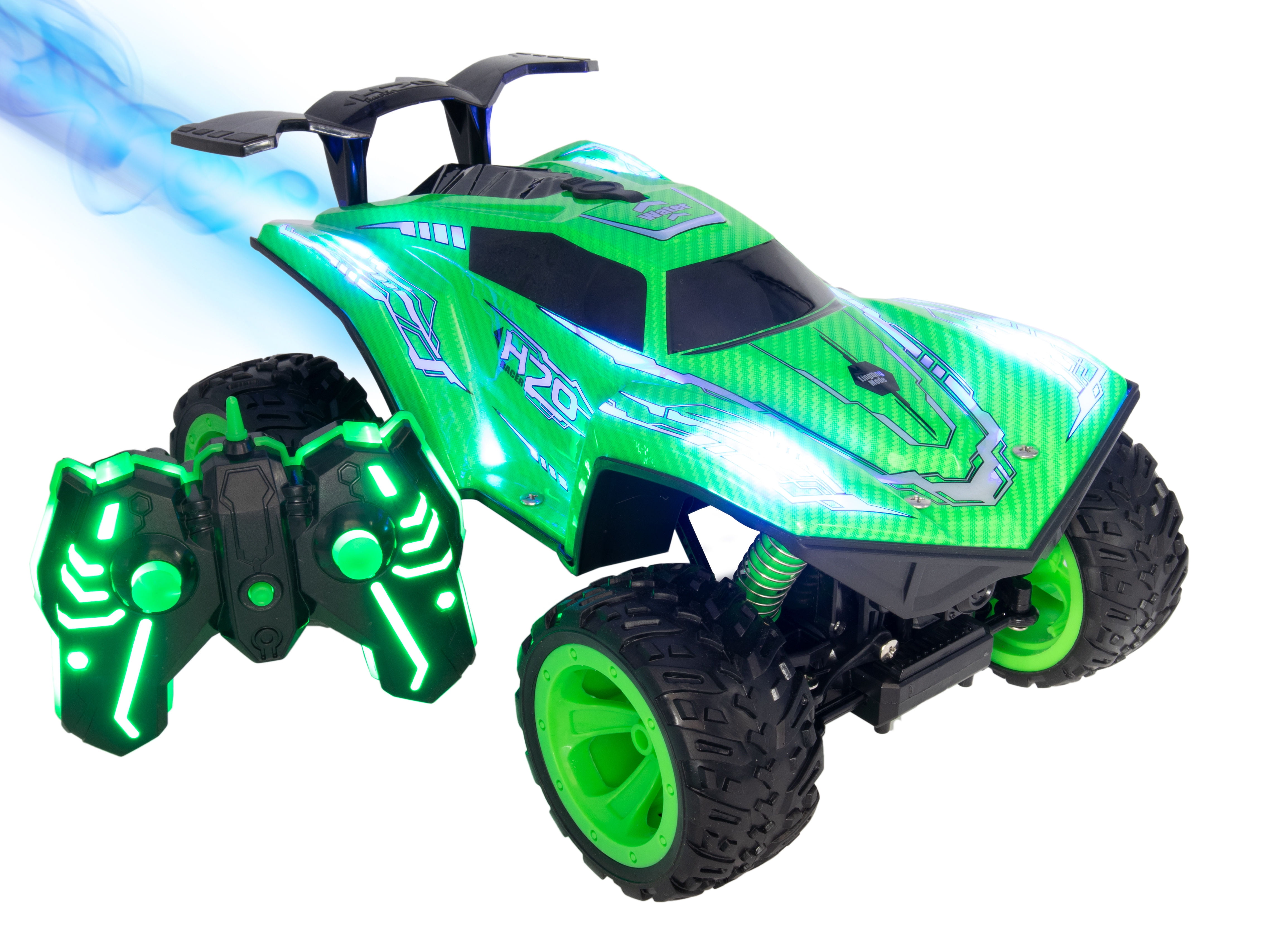 Fast RC Remote Control Car w/ Steam Jet Exhaust & LED Light Up - AWD 2.4GHZ Fast Truck - LED Decal Light Up Race Car Toy & Fog Mist Car - Ultimate Indoor Outdoor RC Toy - Green