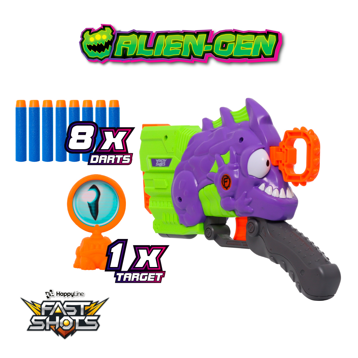 Fast Shots® Alien Gen Dart Blaster | Alien Angler | Blast Dart up to 24m (80ft) | 8 Foam + 2 Bonus Targets | Outdoor | Happy Line® - image 1 of 9