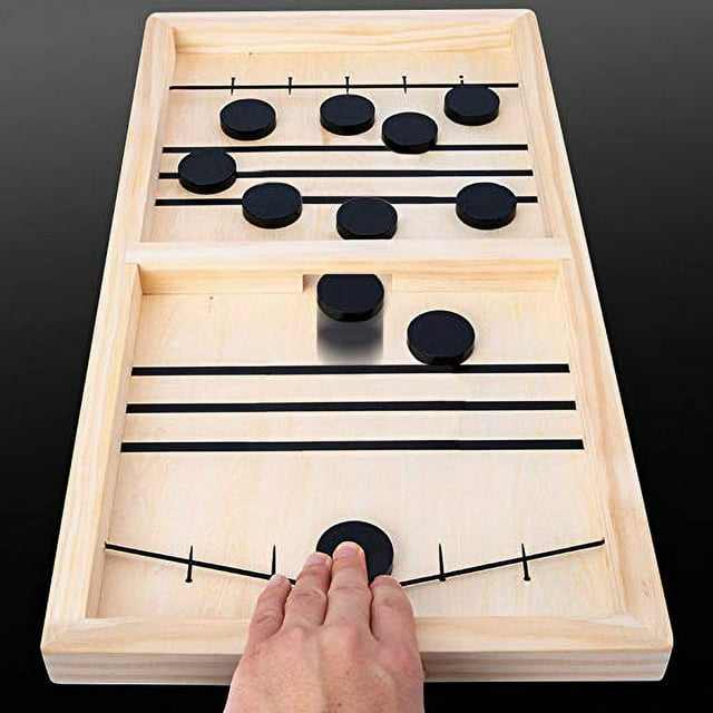 Fast Sling Puck Game, Wooden Sling Hockey Board Table Game for Kids and Adults Tabletop Sling Foosball Table Game with 10 Pucks and 2 Ropes, 14.6 x 9.3 in