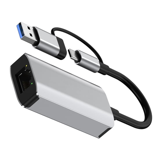 Fast Speed 2.5Gbps 1Gbps USB to RJ45 Ethernet Adapter with Double Port USB A and C Plugs and Play for Laptops and Tablets