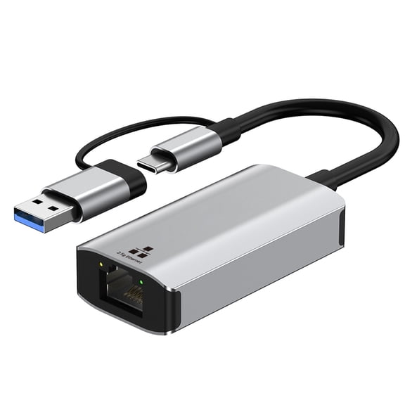 Fast Speed 2.5Gbps 1Gbps USB to RJ45 Ethernet Adapter with Double Port USB A and C Plugs and Play for Laptops and Tablets